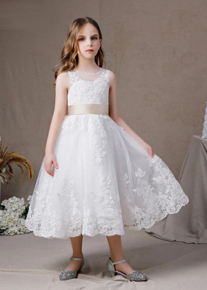 White Lace Tulle Keyhole Back Flower Girl Dress
